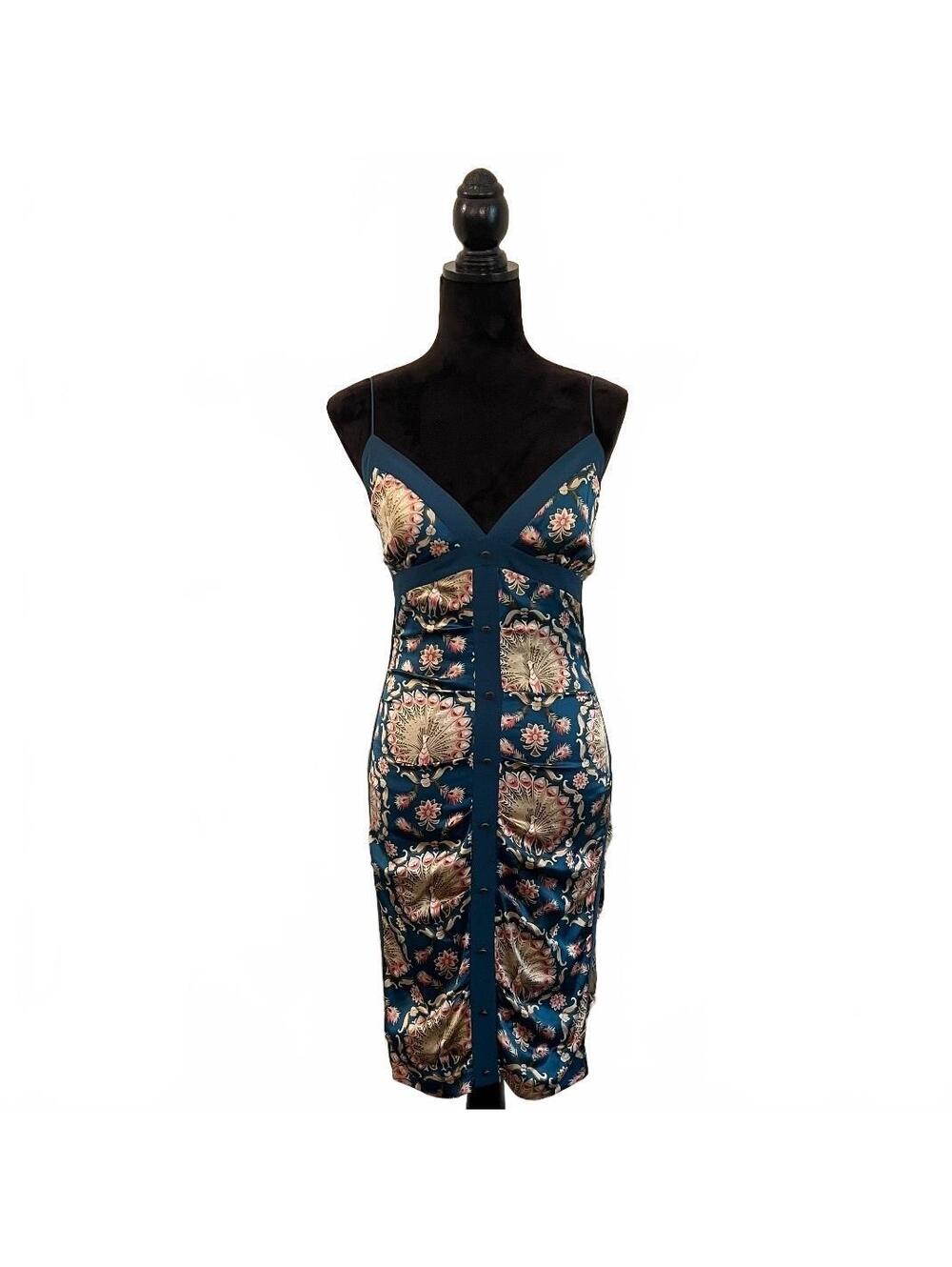 Y2K Nicole Miller Silk Teal Peacock Spaghetti Strap Bodycon Dress 2000’s